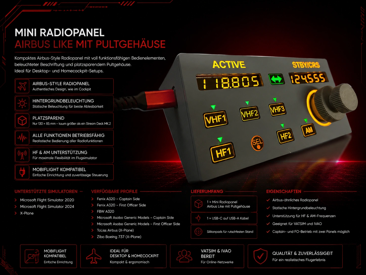 Mini Radiopanel Airbus Like mit Pultgehäuse