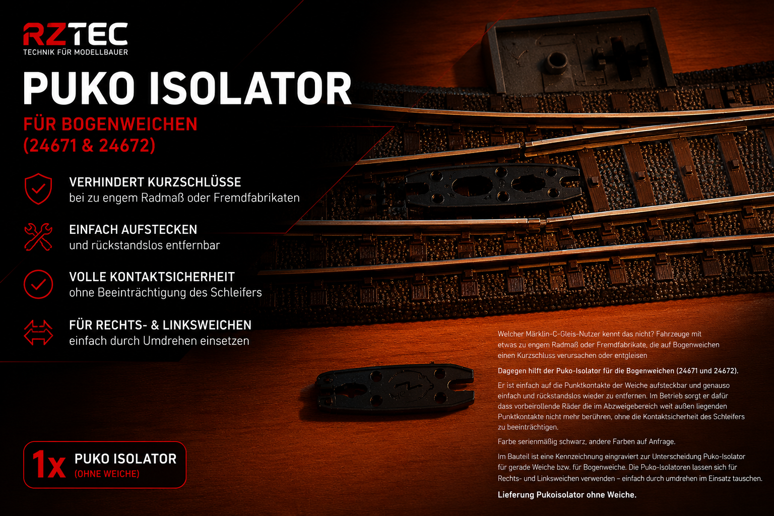 (24671 & 24672) Puko Isolator für C-Gleis Bogenweiche von Märklin